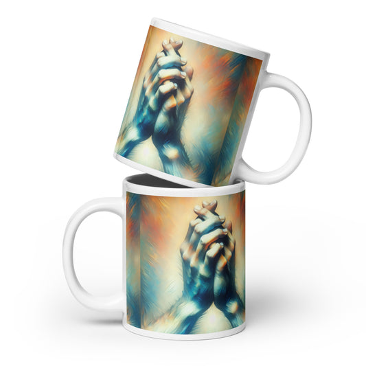 White glossy mug prayer hands faith